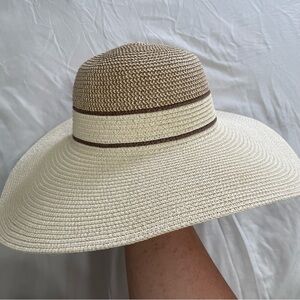 Woman’s Elegant Cream and Brown Sun Hat 100% paper summer coastal beach chic